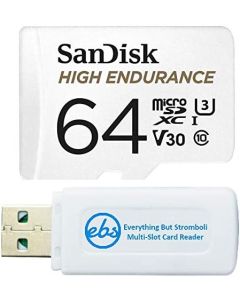 SanDisk 64GB High Endurance Video Card MicroSDXC for Dash Cams Works with Garmin Mini, 56, 66W Dash Cameras (SDSQQNR-064G-GN6IA) Bundle with (1) Everything But Stromboli SD & Micro SD Card Reader