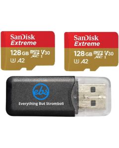 SanDisk Extreme 128GB Micro SDXC Card for DJI Mavic Mini 2, Mavic Mini, Mavic Air 2 Drone (2 Pack) C10 4K V30 A2 (SDSQXA1-128G-GN6MN) Bundle with 1 Everything But Stromboli MicroSD Memory Card Reader