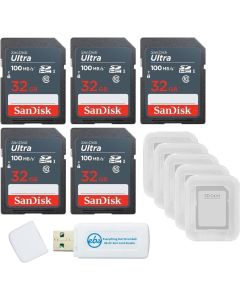 SanDisk 32GB Ultra SD Memory Card 5 Pack SDHC UHS-I Class 10 (SDSDUNR-032G-GN3IN) Bundle with 5 SD Card Cases & 1 Everything But Stromboli Card Reader