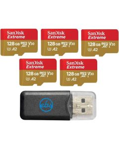 SanDisk Extreme MicroSD Card 128GB (5 Pack) Memory Card for DJI FPV Drone (SDSQXA1-128G-GN6MN) Class 10 4K Video Speed V30 UHS-I U3 A2 SDXC Bundle with (1) Everything But Stromboli Micro Card Reader