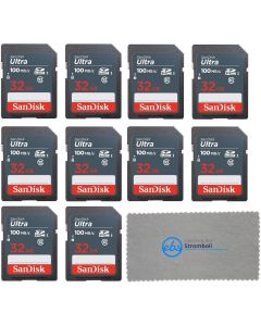 SanDisk 32GB Ultra SD Memory Card (10 Pack) SDHC UHS-I Card Class 10 (SDSDUNR-032G-GN3IN) Bundle with 1 Everything But Stromboli Microfiber Cloth