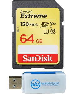 SanDisk 64GB SDXC SD Extreme Memory Card Works with Canon EOS 77D, 80D, 70D, 6D, 60D Digital DSLR Camera 4K V30 U3 (SDSDXVE-064G-GNCIN) Bundle with (1) Everything But Stromboli Combo Card Reader