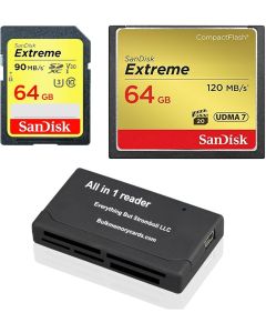 SanDisk CompactFlash Extreme 64GB CF Memory Card (SDCFXSB-064G-G46) and 64GB SDHC Extreme (SDSDXVE-064G-GNCIN) for Canon 5D Mark III, 1D Mark IV Cameras Bundle with Everything But Stromboli Reader