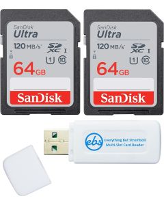 SanDisk 64GB SDXC SD Ultra Memory Card (Two Pack) Works with Canon EOS Rebel T7, Rebel T6, 77D Digital Camera Class 10 (SDSDUNR-064G-GN6IN) Bundle with (1) Everything But Stromboli Combo Card Reader
