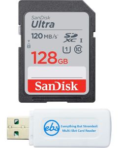SanDisk 128GB SDXC Ultra Memory Card Works with Panasonic Lumix DC-FZ80, DC-ZS70, DMC-FZ300, DMC-LX10 Digital Camera (SDSDUN4-128G-GN6IN) Bundle with (1) Everything But Stromboli SD Card Reader