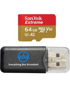 SanDisk Extreme V30 A2 64GB MicroSD Memory Card for DJI Mavic Mini 2 Drone Class 10 4K SDXC Bundle with (1) Everything But Stromboli Micro Card Reader