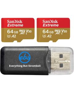 SanDisk Extreme 64GB (2 Pack) MicroSD Memory Card for DJI Mavic Mini 2, Mavic Mini, Mavic Air 2 Drone - C10 A2 V30 SDXC (SDSQXAH-064G-GN6MN) Bundle with (1) Everything But Stromboli Micro Card Reader